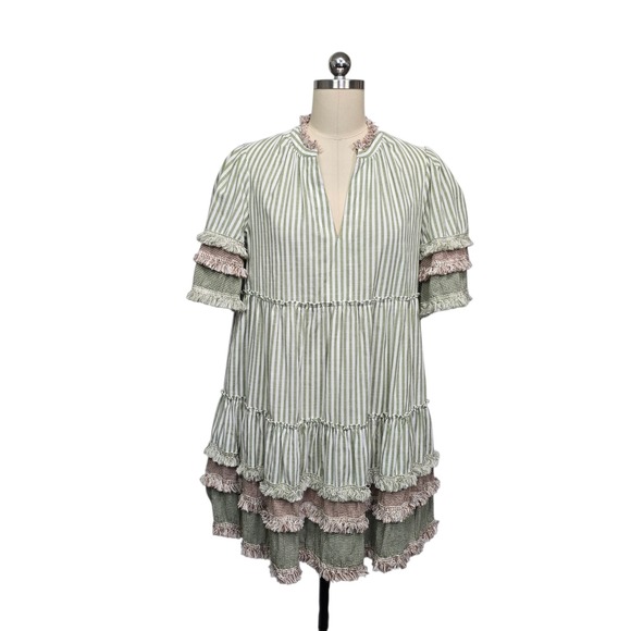 Tuckernuck Sage Green Striped Tiered Fringe Mini Dress Womens Medium Cotton M - Picture 2 of 10